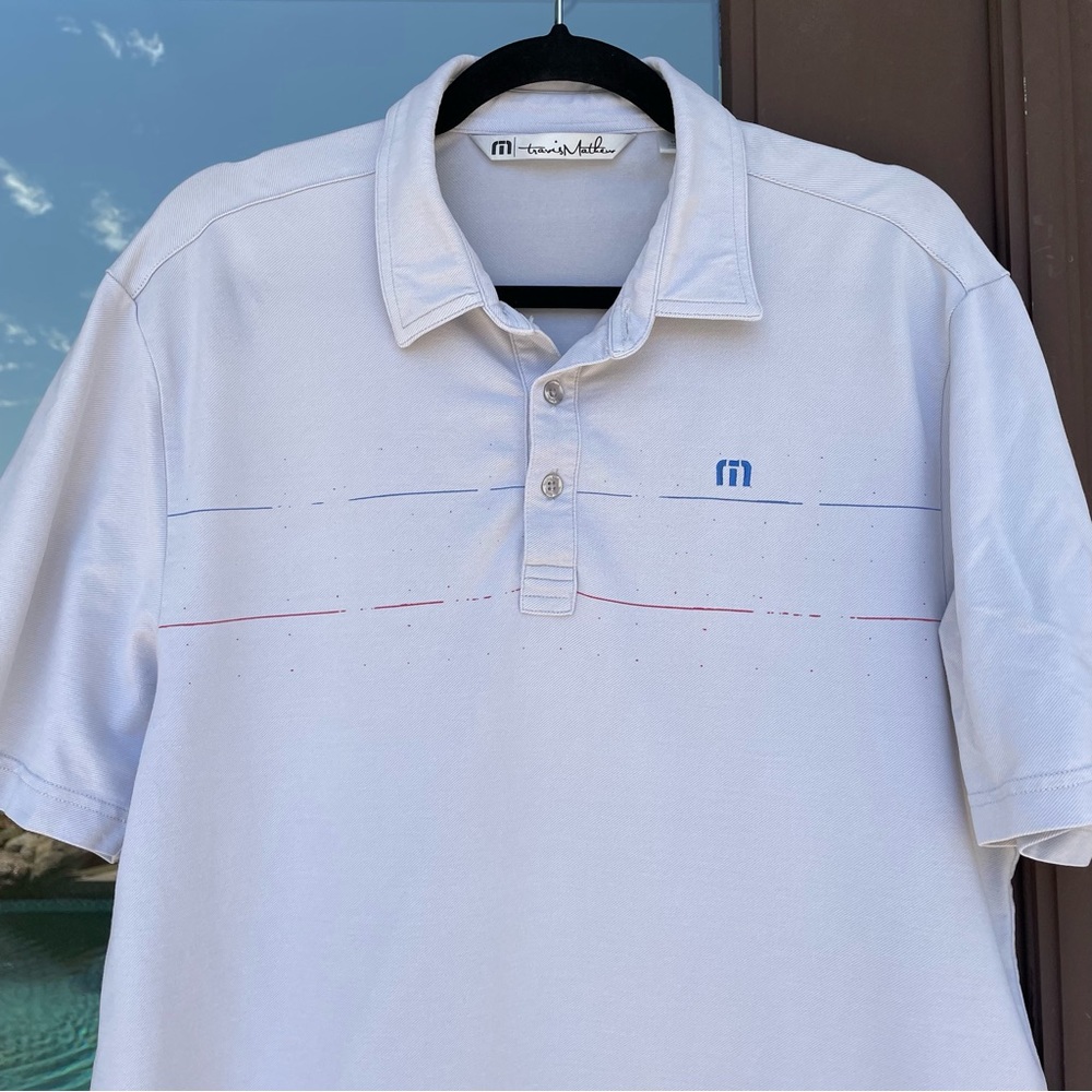 Travis Mathew Lt Grey w/ Blue/Red Accents "Raven Phoenix" Polo M